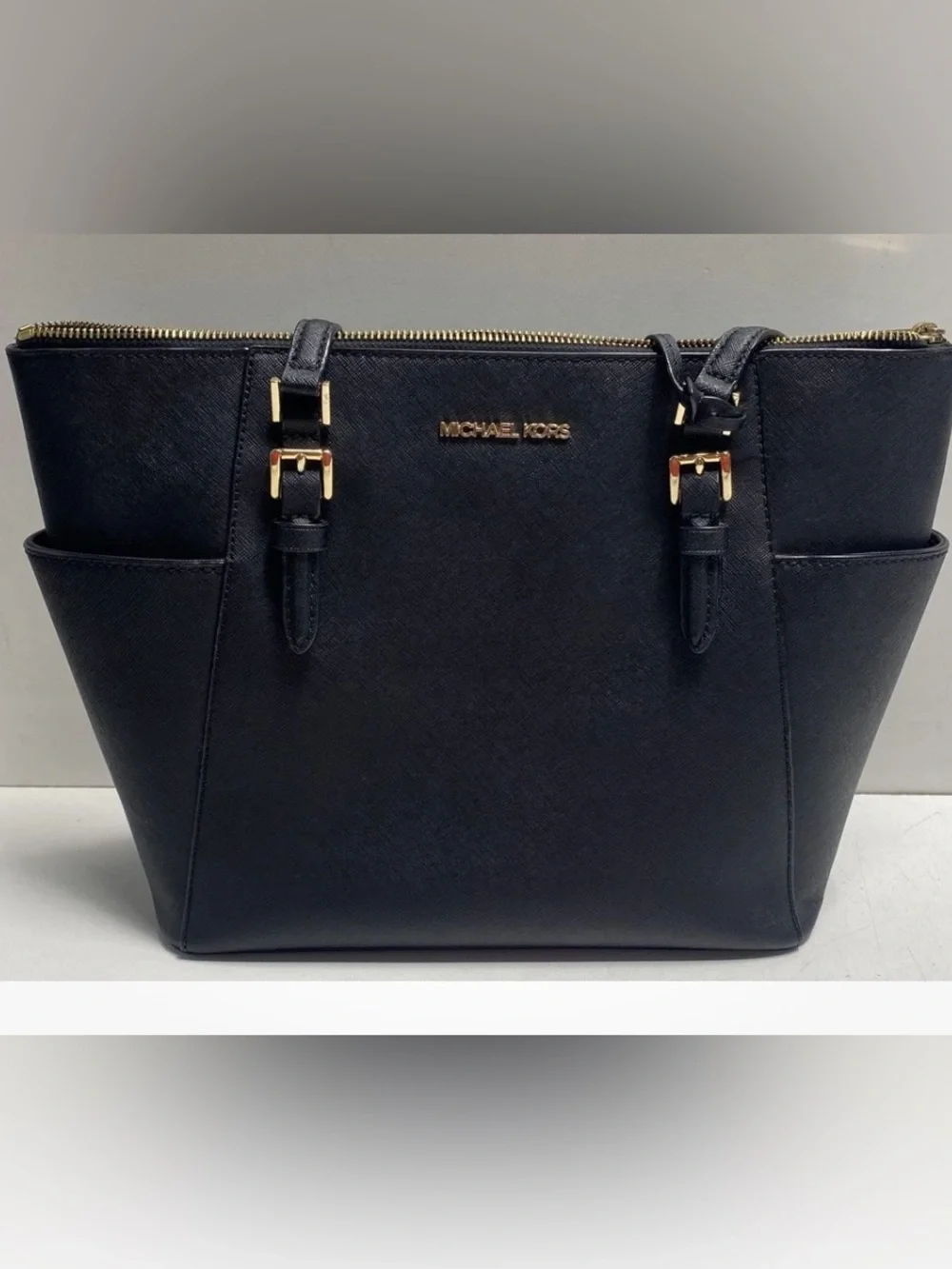 Michael Kors Black Leather Tote with Gold-Tone Hardware